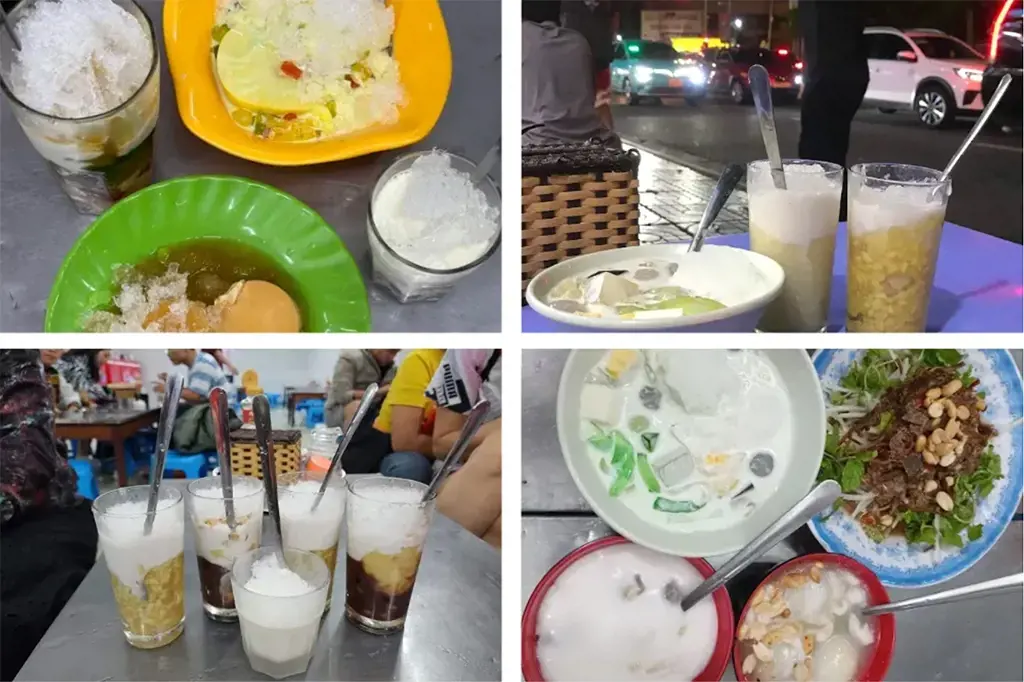 Bốn góc chụp các món chè truyền thống như chè thái, chè dừa dầm, chè bơ và đĩa gỏi khô bò tại quán chè ở Đà Nẵng