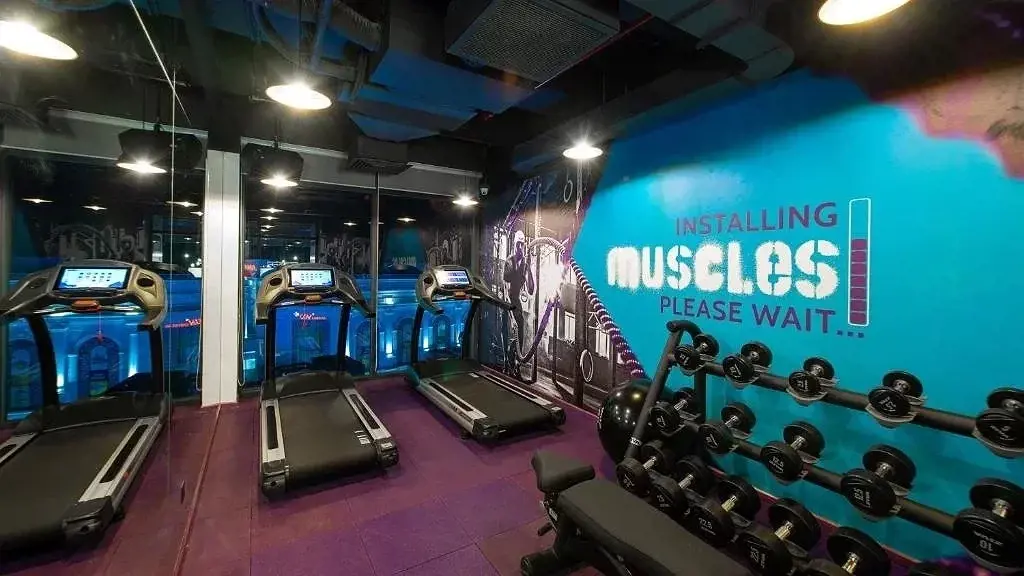 Không gian phòng gym với các máy chạy bộ, giá tạ tay và mảng tường xanh ghi chữ Installing Muscles Please Wait tại Tru by Hilton Da Nang City Centre