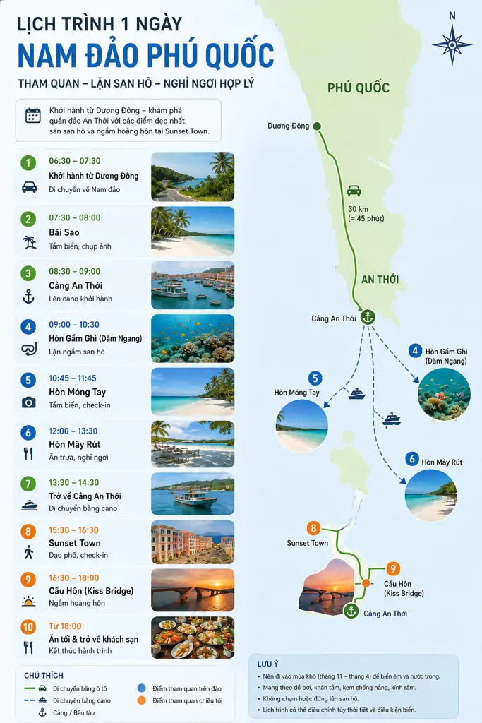 Infographic sơ đồ và bản đồ hướng dẫn lịch trình du lịch 1 ngày khám phá Nam Đảo Phú Quốc