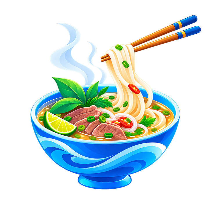 Hình minh họa tô phở bò nóng hổi với sợi phở, thịt bò, rau thơm, chanh và ớt, có đôi đũa đang gắp phở.