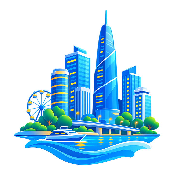 Hình minh họa thành phố hiện đại với các tòa nhà chọc trời màu xanh, vòng đu quay, cầu và du thuyền trên mặt nước vào buổi tối.